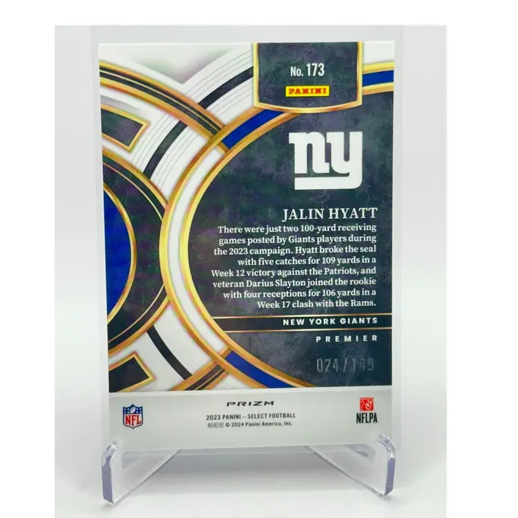 Jalin Hyatt RC  • 2023 Panini Select- Premiere Level Blue Prizm /149 • New York Giants