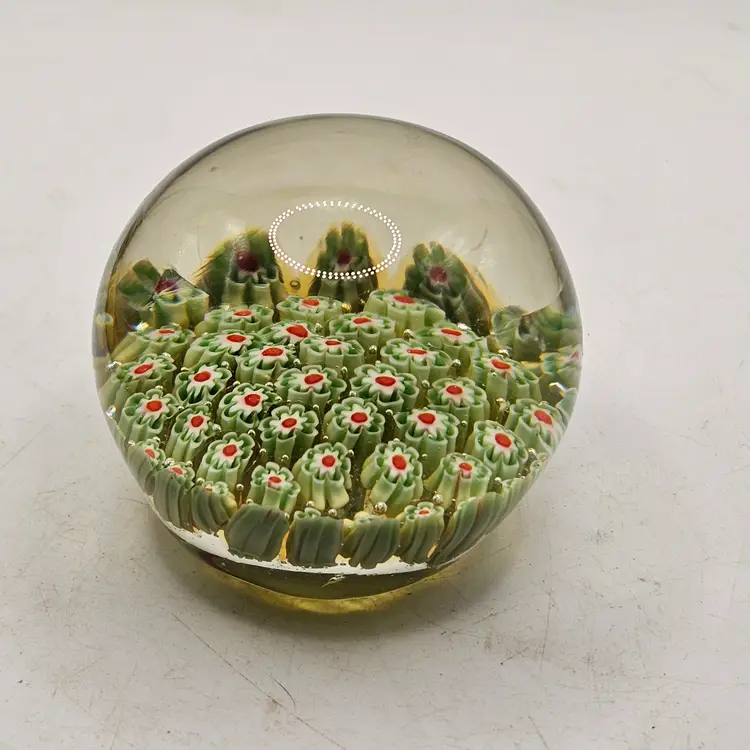 Millefiori Glass Paperweight 2" green red floral