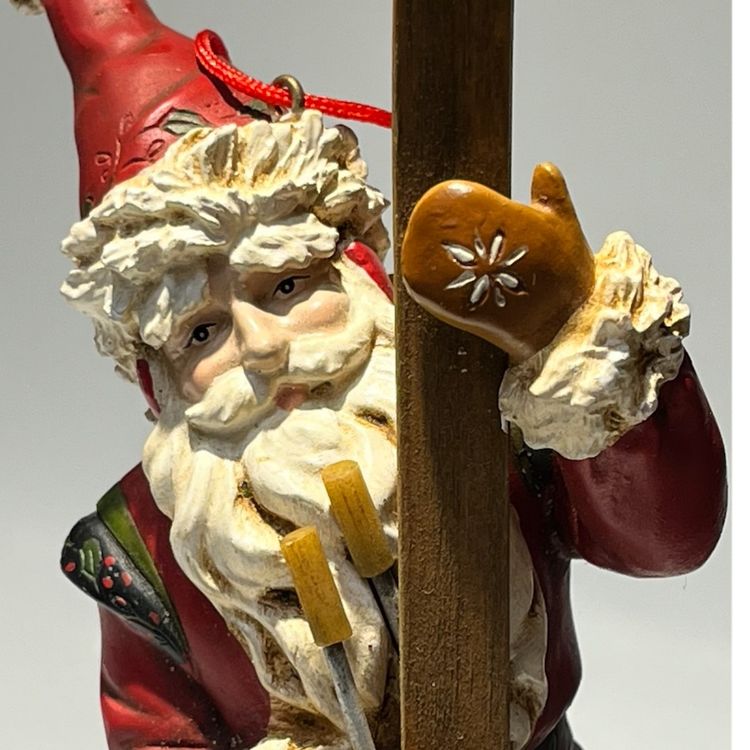 Skiing Santa- Beautifully Detailed Christmas Ornament- Resin, Wood, Metal -6” Tall