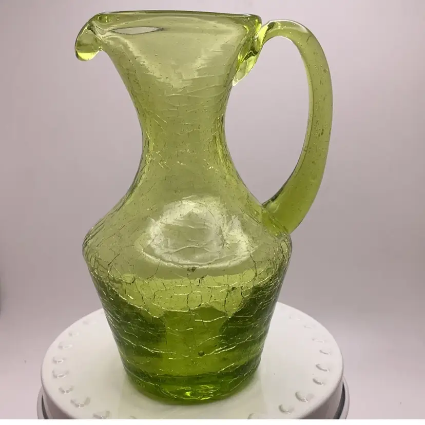 POW3 VTG Green Crackle Blown Glass Bud Vase Pitcher Creamer 4.75”