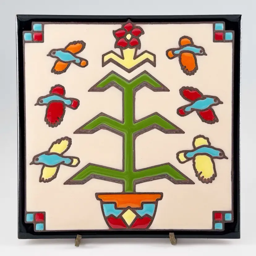 Earthtones Tree of Life Birds Tile, Hand-Painted Glazed Ceramic, Southwestern #4713A