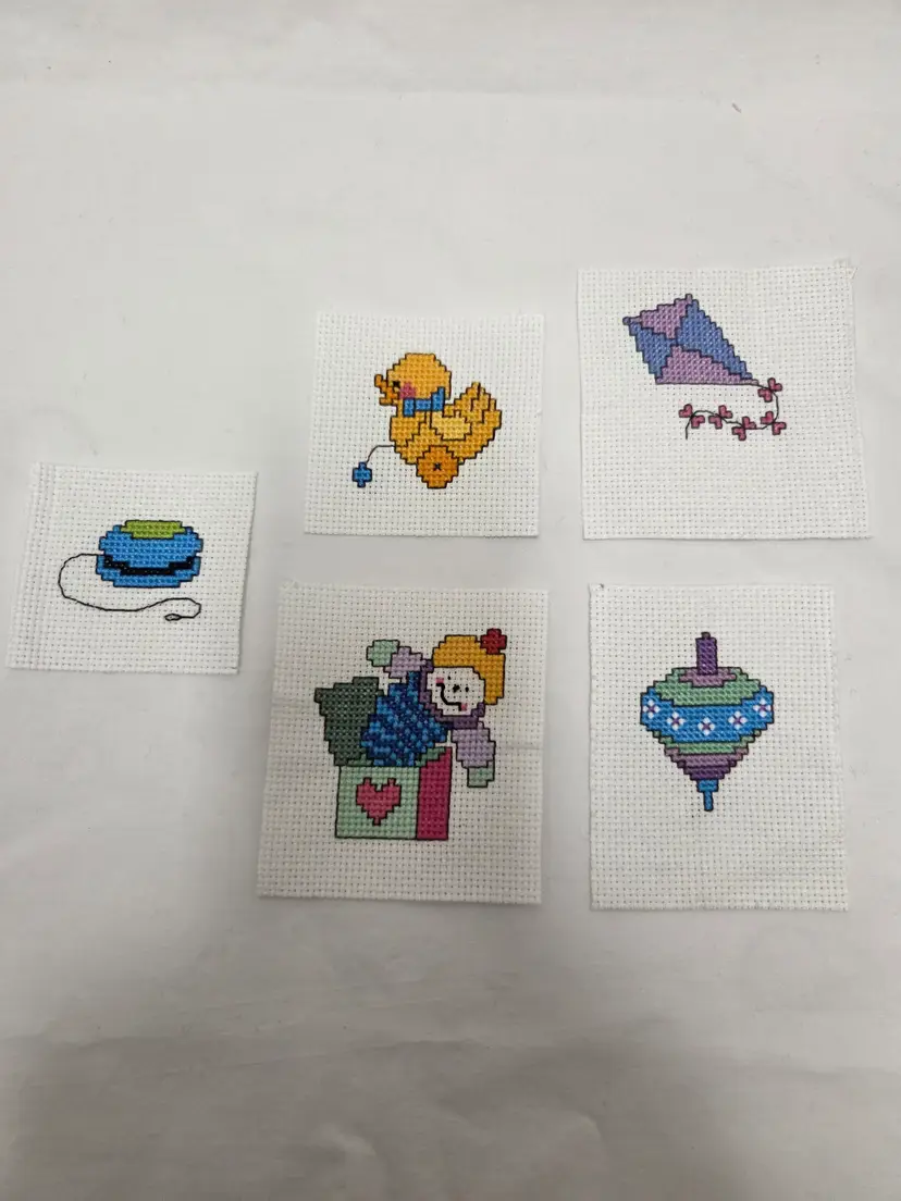 5 New Handmade Finished Cross-stitched Pieces Toy Themed