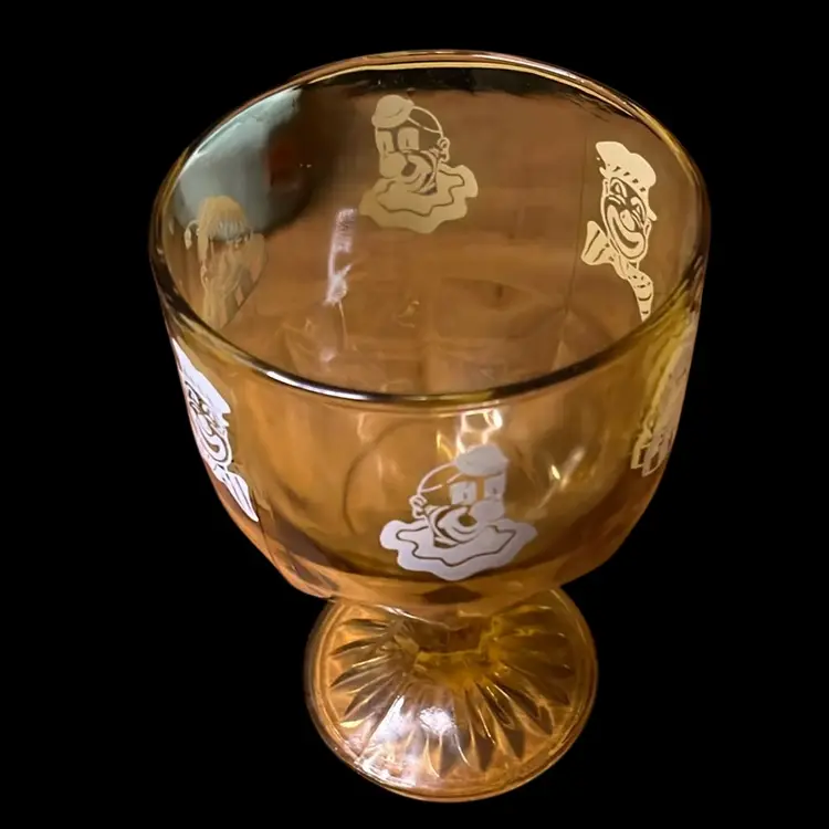 32. Vintage Circus Theme Clowns Heavy Amber Glass Goblet 6” Beer