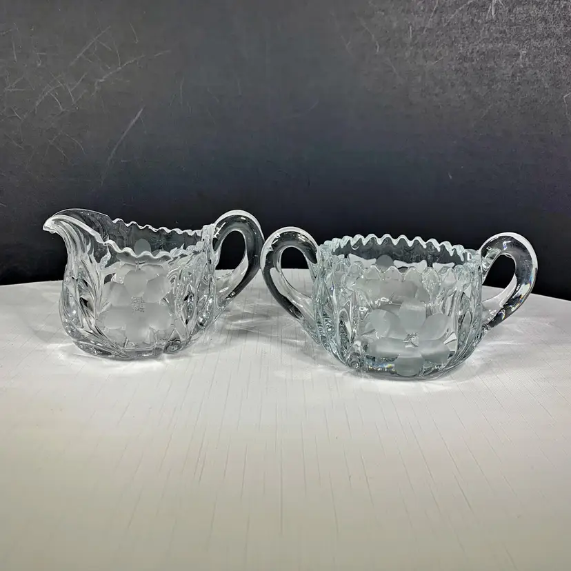 Pressed Cut Etched Sugar Creamer Heavy Glass Set Mid Century Vintage 1960s