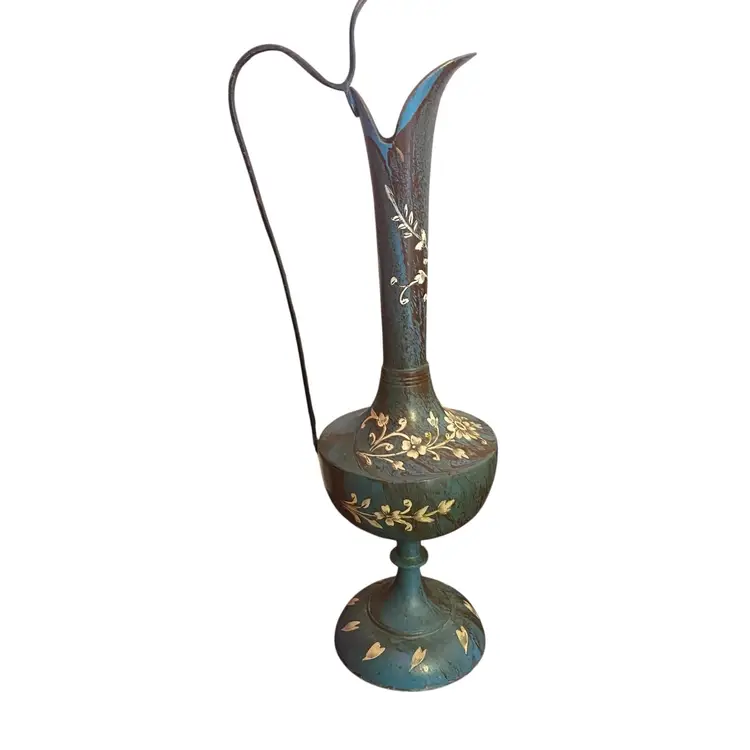 This item is a vintage Israel tin and brass ewer, featuring a blue enamel finish with gold-toned floral accents and a unique tall handle
