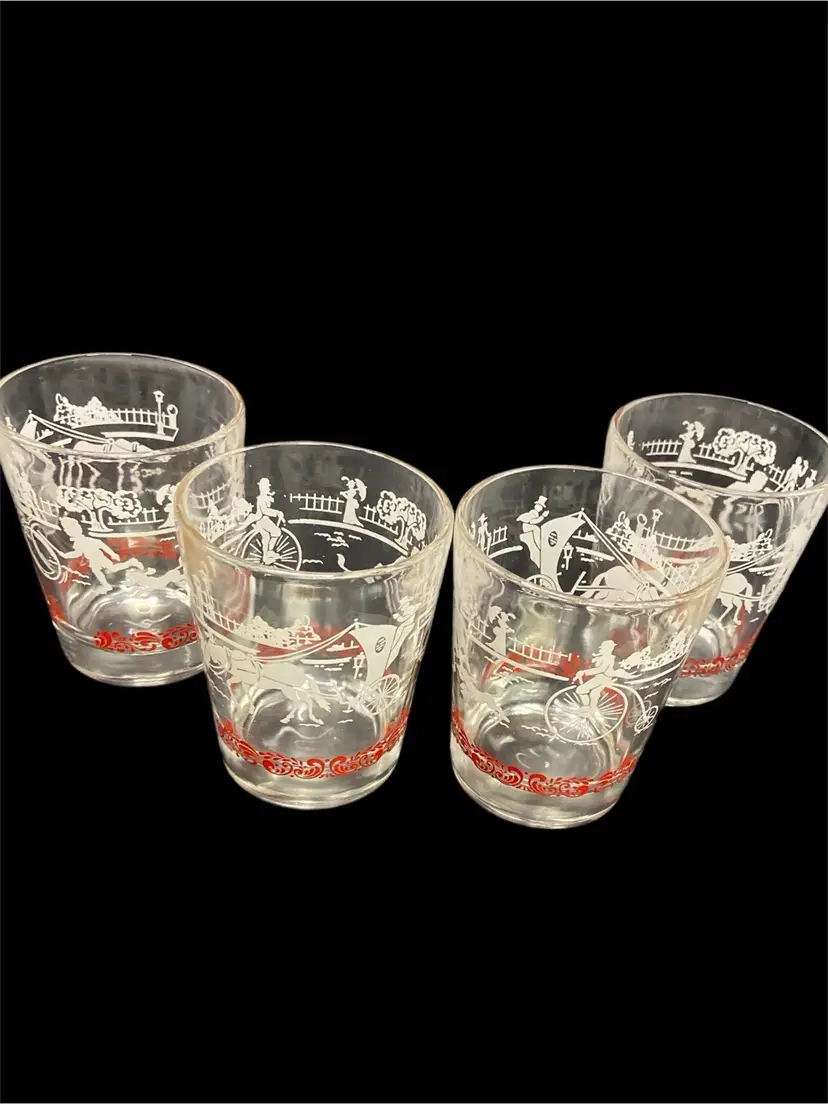 Vintage Lowball Whiskey Glass - 8 oz clear glass decorated w/white & red
Bikes & Buggy Set 4