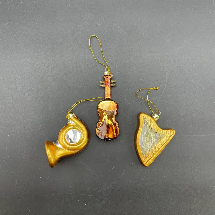 Gold Glass 3 Instruments French Horn Guitar Harp Hanging Christmas Ornaments