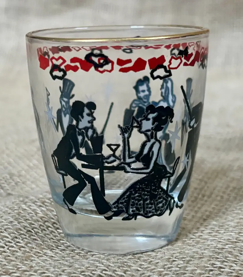 Vintage Cocktail Party Liquor Shot Bar Glass People Dancing Retro Glam Elegant