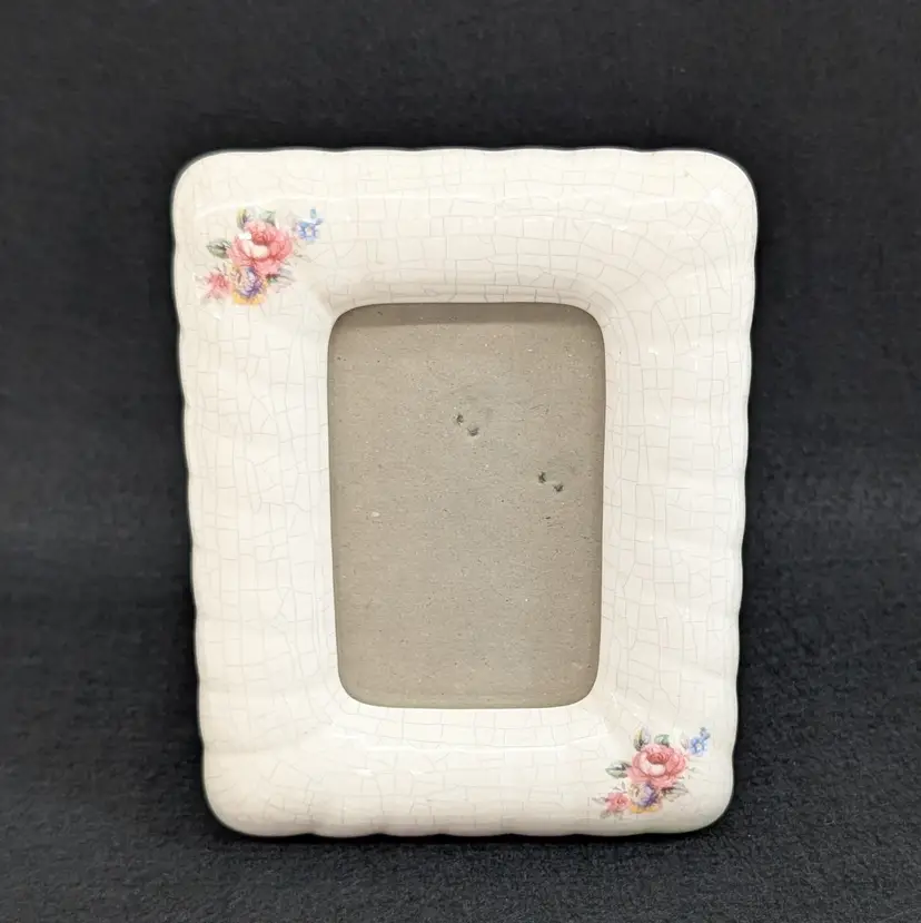 Vintage Ceramic Picture Frame Floral Pink Rose Crackle Cottagecore 3.75x4.75"