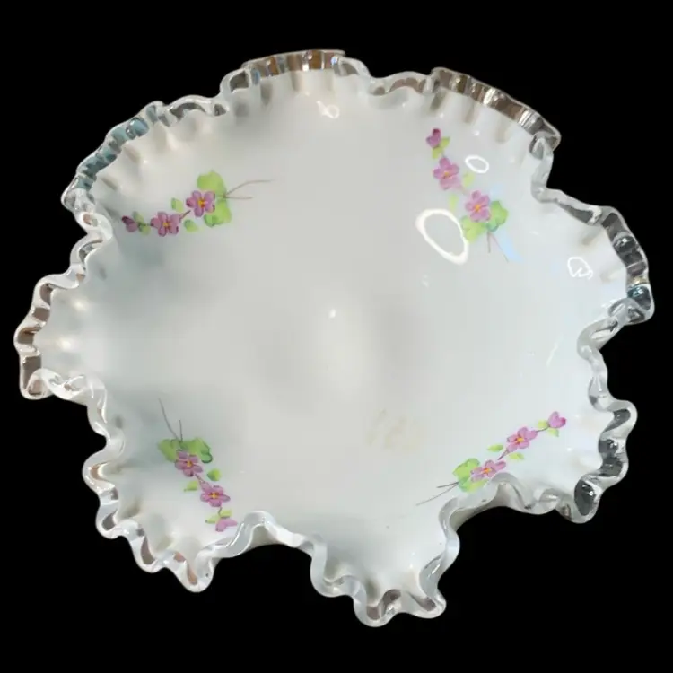 30. Vintage Fenton Milk Glass Silvercrest Compote Handpainted Violets Signed