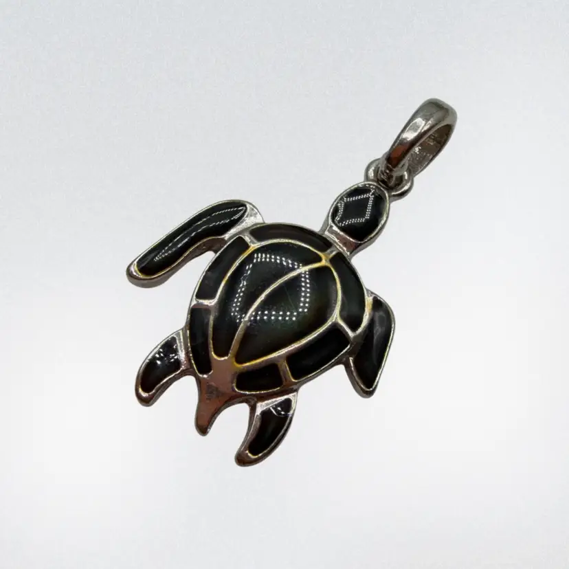 Silver Tone Enamel Green Turtle Pendant