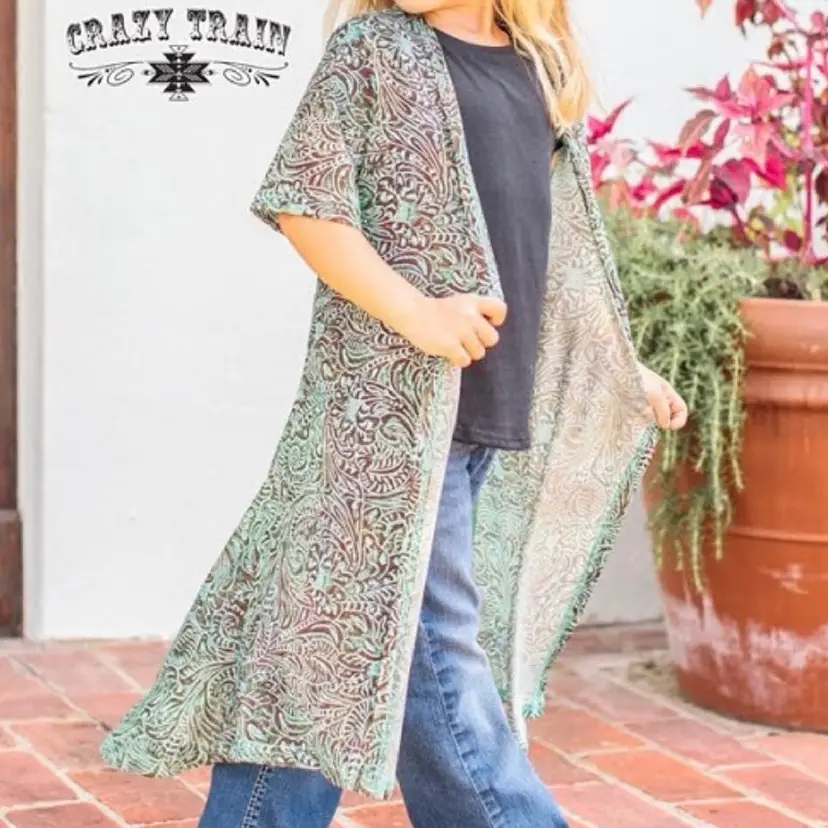 Crazy Train Caboose Kids Paisley Praise Brown Turquoise Duster Kimono Cover Up Size XL Youth