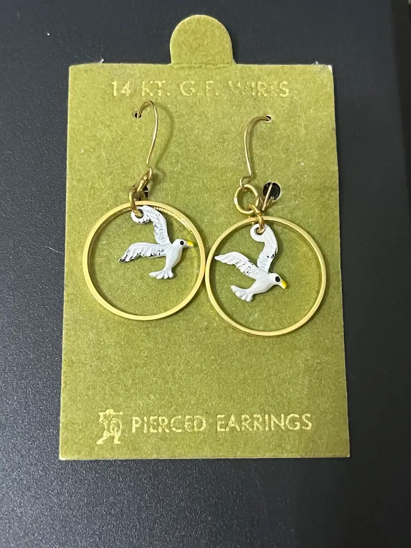 Vintage Seagull Dangle Circle Pierced Earrings On Card