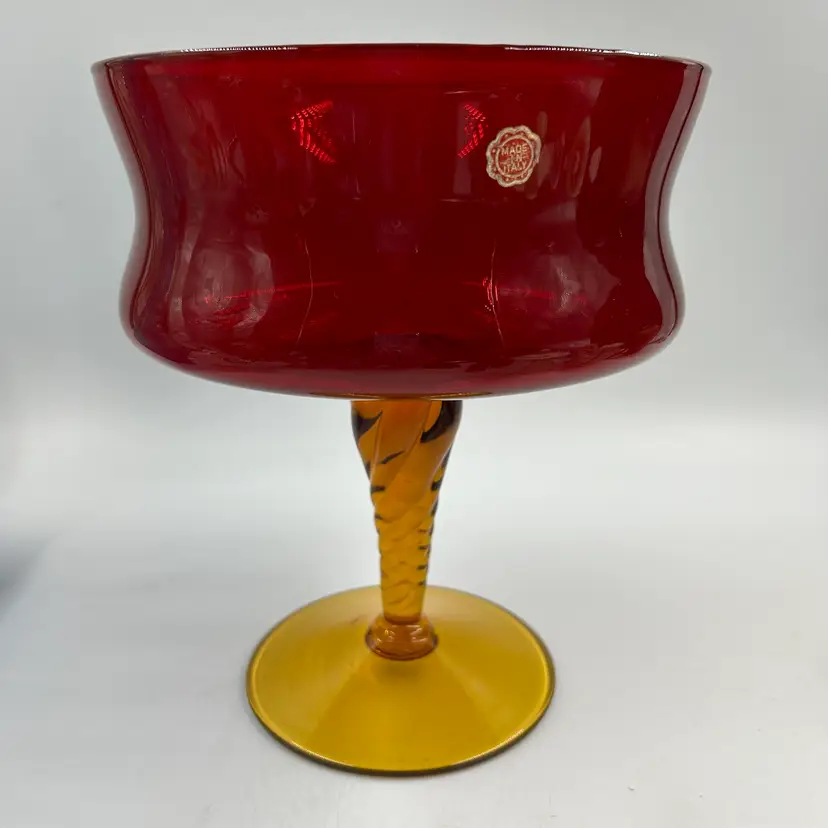 Vintage Made In Italy MCM Pedestal Compote Candy Bowl Deep Red With A Honey Amber Twist Pedestal. UV Reactive 8.5” Tall And 7” Across