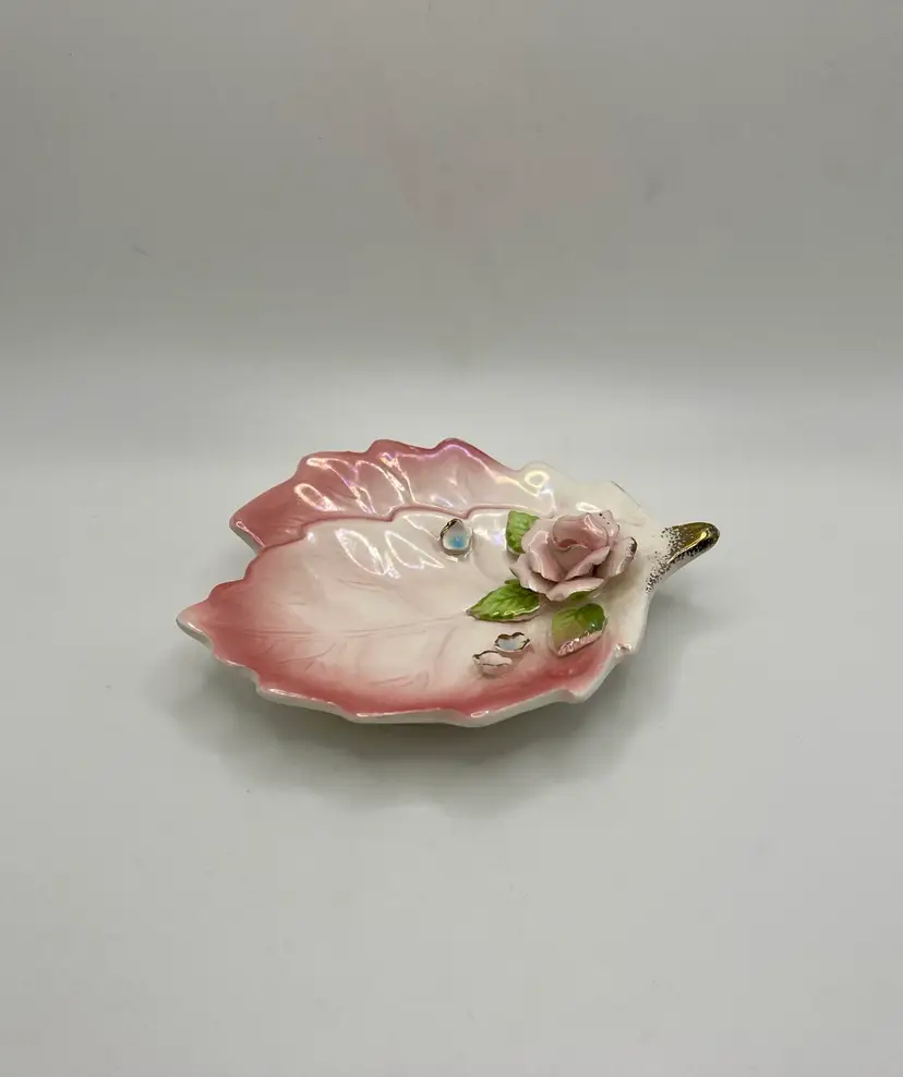 Vintage Porcelain Pink Leaf Pin Trinket Dish