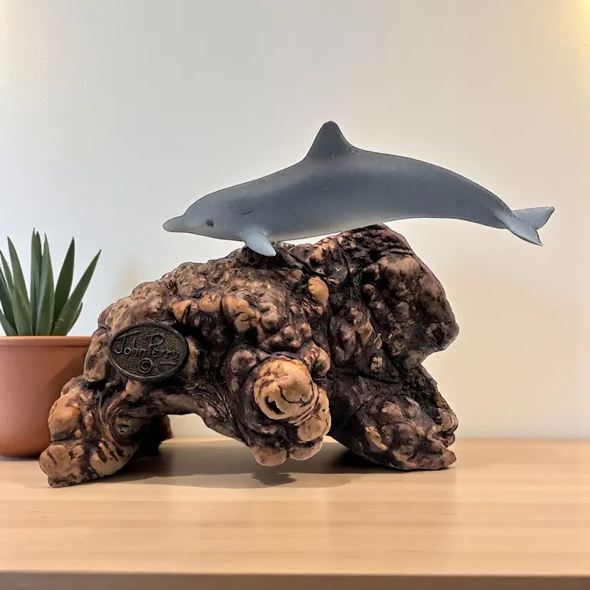 Vintage John Perry Blue Gray Dolphin Sculpture on Burlwood Figurine Nautical