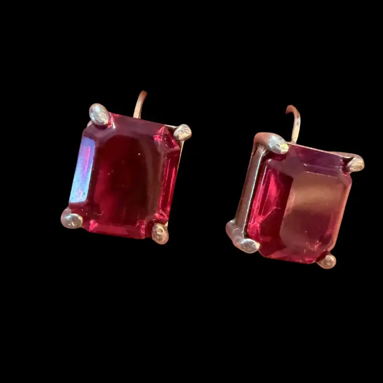 Ruby Red Glass Rectangle Silvertone Leverback Earrings .75”