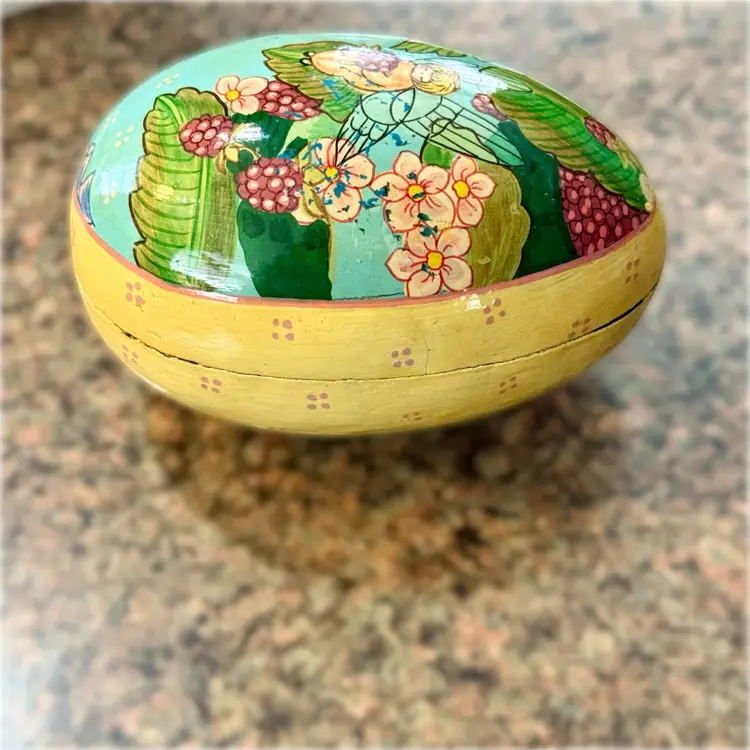 Vintage Handpainted Fairy Floral Yellow Wooden Egg Made in India