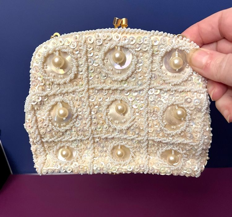 Vintage Ivory Beaded Sequined Small Purse With Chain