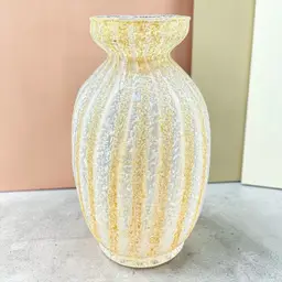 Antique Dugan Frit Art Glass Iridescent Melon Vase White Gold Stripes Handmade