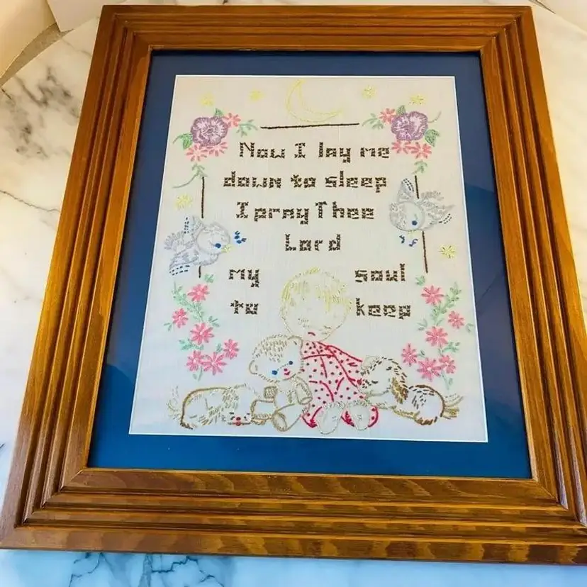 #2416 Vintage Framed Child's Prayer Embroidery Cross Stitch Without Frame