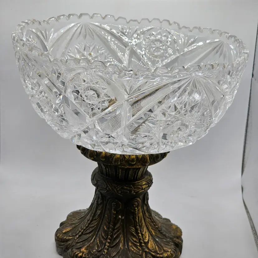 Cut Glass crystal Footed Compote Serving fruit dish brass base 8.5" Hollywood Regency