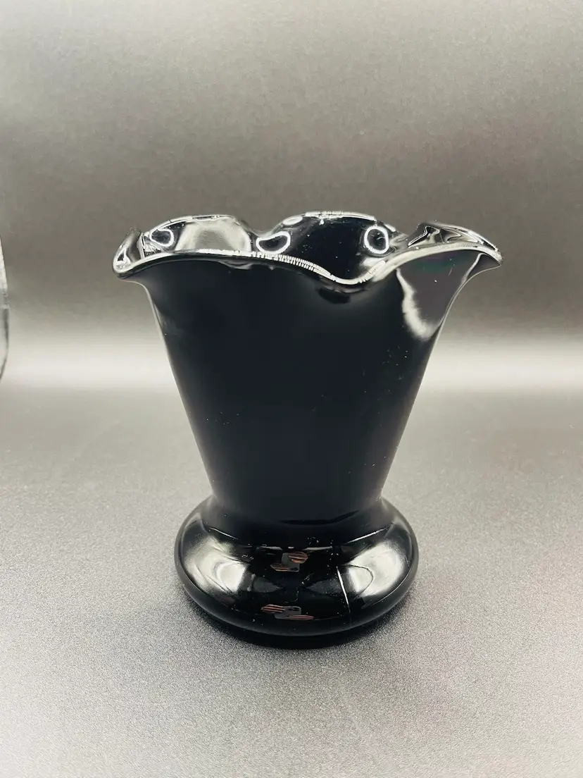 Vintage Black Glass Ruffled Vase