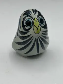 Vintage Tonala Mexico Mexican Painted Ceramic Pottery Owl Folk Art Blue Bird
