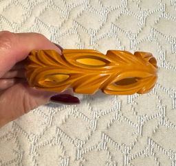 Vintage Carved Butterscotch Bakelite Bangle Bracelet Cut Out