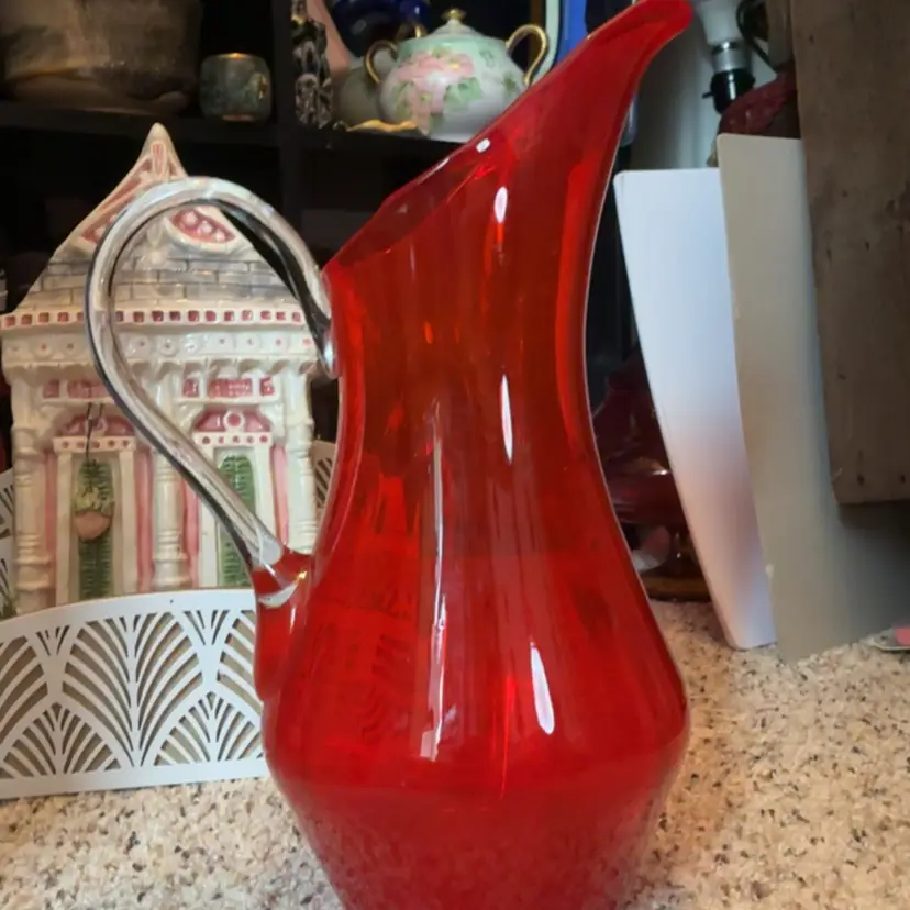 Kanawa Red Pitcher Clear Glass Applied Handle Glows!