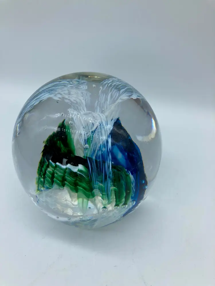 Jerpoint Blue, Green and White Paperweight with Label, Large