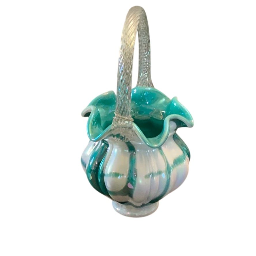 Niknax · Fenton Turquoise Slag Iridized Basket 9” X 5” Limited