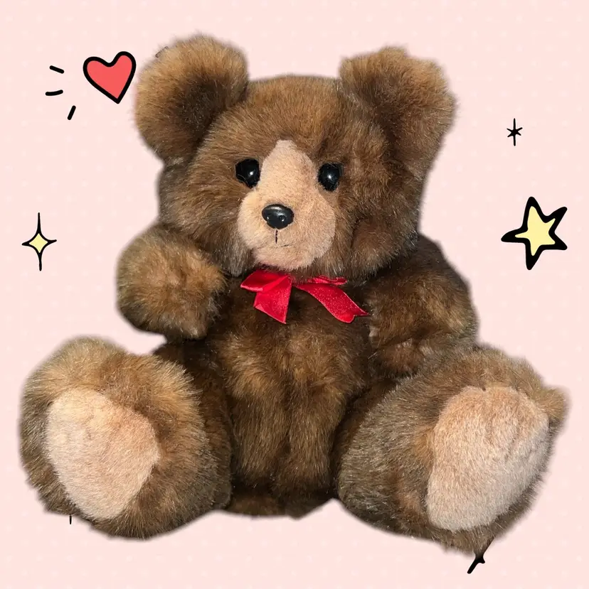 Vintage Rare TY 1989 Brown Teddy Bear Plush Animal Toy  13” Fluffy Fur Red Bow