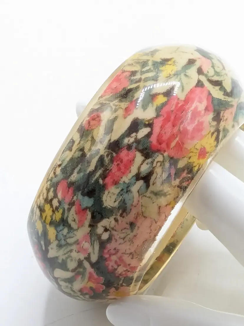 Vintage Chunky Floral Material Clear Acrylic Over Lay Fabric Bangle Bracelet