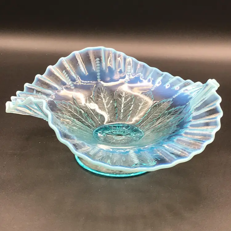 Vintage Ruffled Crimped Edge Blue Opalescent Compote Dome Footed Bowl 1930s-40s