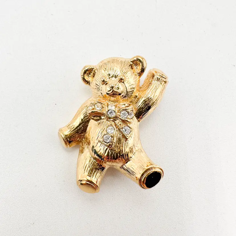 Avon Teddy Bear Brooch Pendant Gold Tone Rhinestones Signed 2" B25