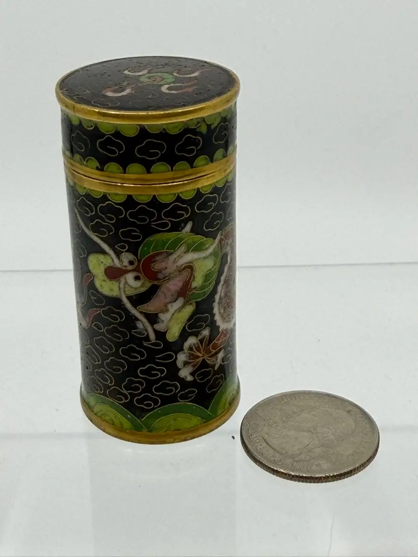 Vtg Cloisonne Imperial Dragon Cylinder Triket-snuff-pill Box 2.5H