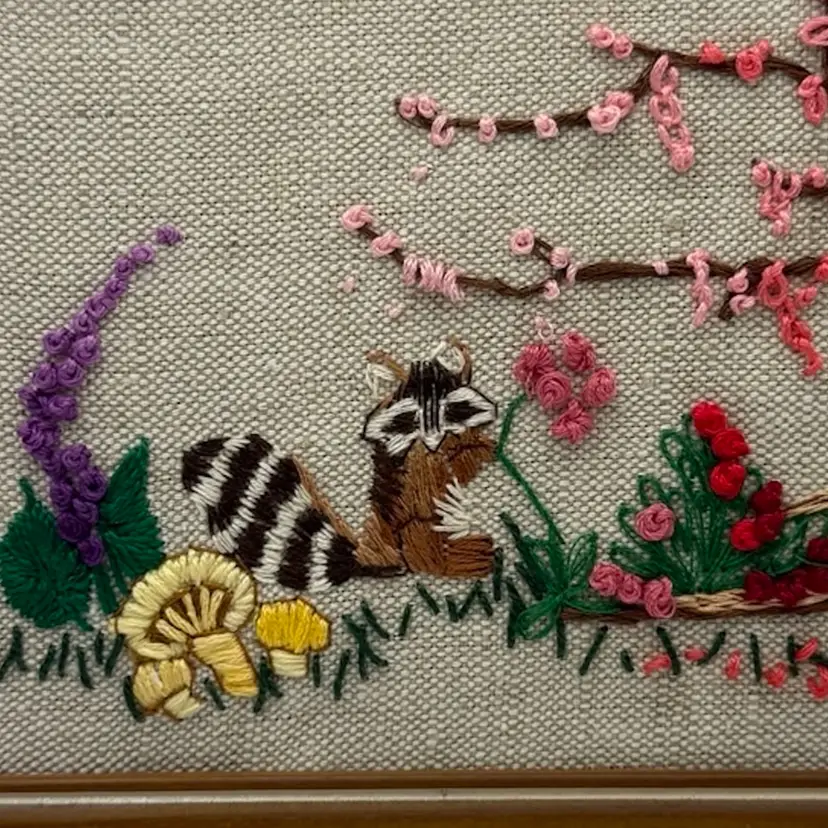 Vintage Hand Embroidered Framed Art Woodland Scene With Raccoon