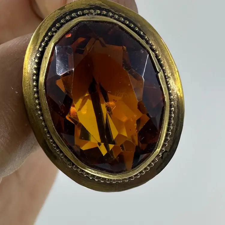 Antique Victorian Faceted Amber Colored Stone & Gold-Tone Brooch