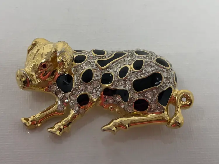 Gold Tone Rhinestone Pig Brooch