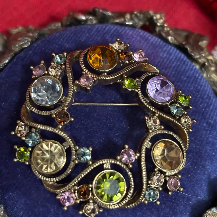 H-Vtg Monet Multi Colored Rhinestone Gold Tone Circular Brooch Marked