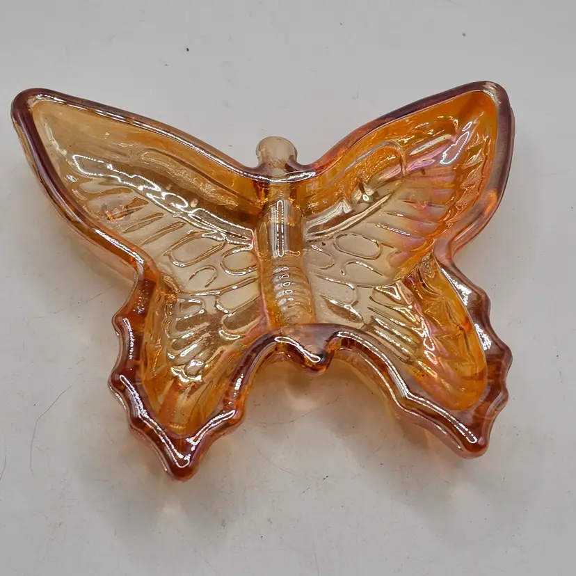 Marigold Carnival Glass Butterfly Trinket Ring Dish Textured