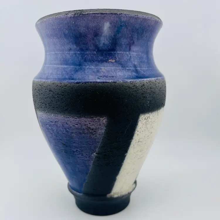 Gorgeous Signed Purple, Black And White Raku Pottery Vase 7”