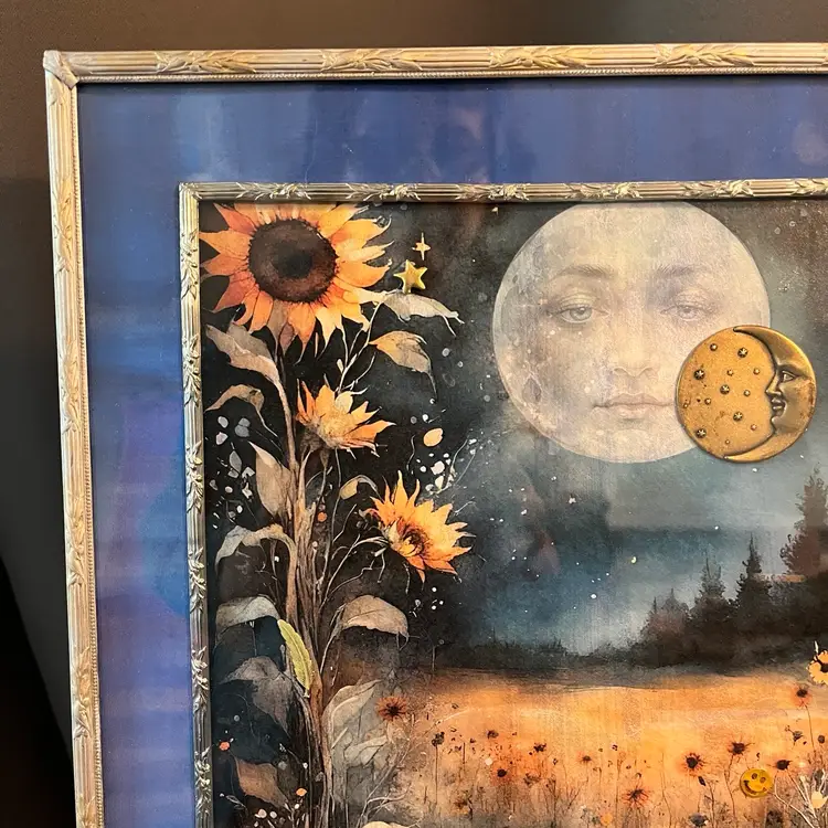 Celestial Rice Paper Print 1950s Metal Silver & Gold Frame Repurposed 12" x 10"- Made By Me