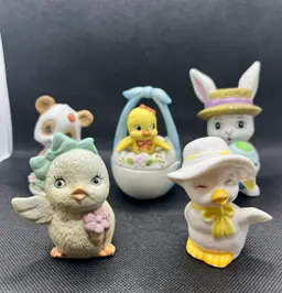 Collection of 5 vintage ceramic Easter figurines anthropomorphic bunnies & chicks , trinket box