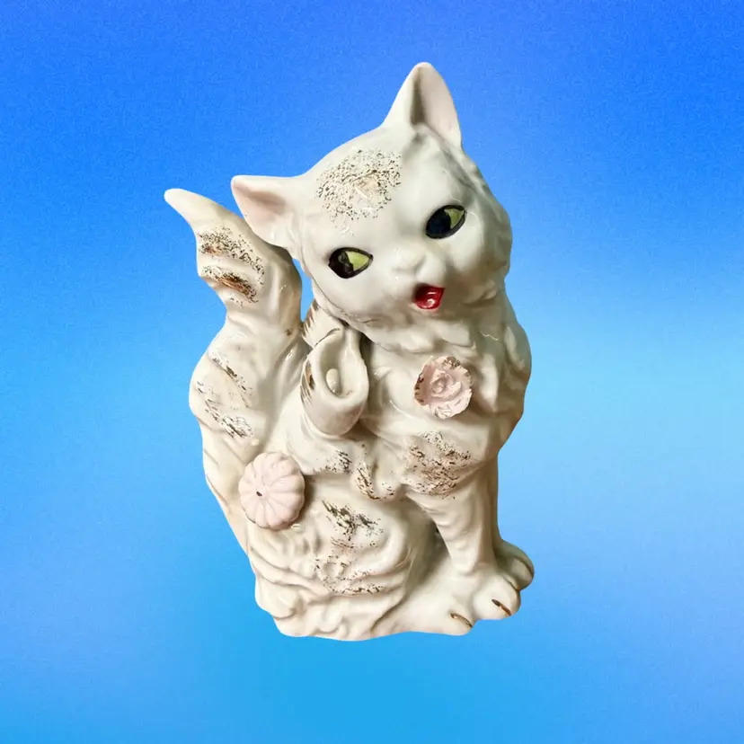 Vintage 5"  MCM Japan White Porcelain Ceramic Cat, Gold Paint Pink Flowers