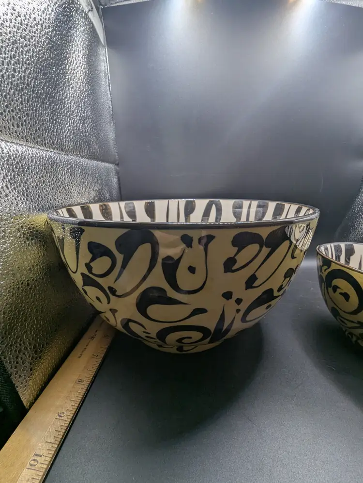 Vintage Set of 2 Evandale Porcelain Handpainted Tan/White/Black Stripe Mixing Bowls Signed Noble.