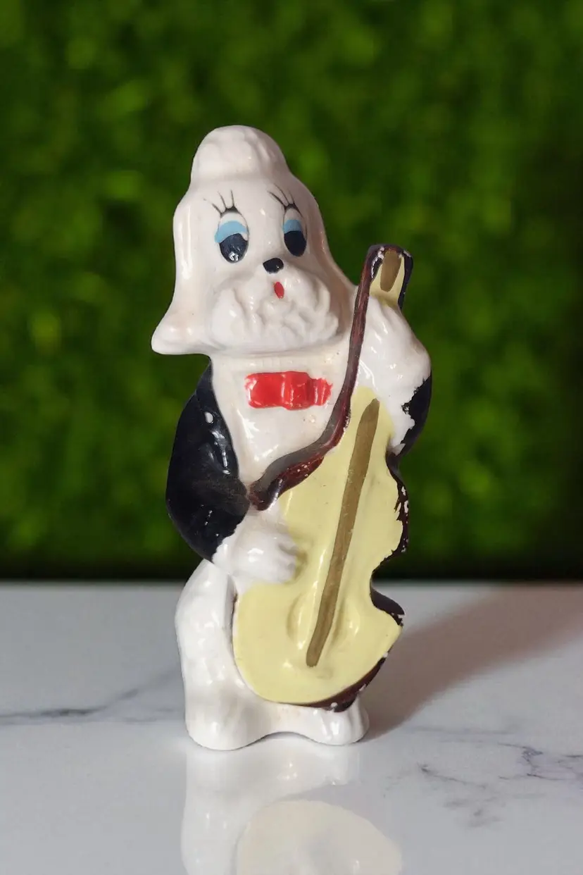 Vintage Cello Playing Poodle Figurine Japan Porcelain Kitsch Tuxedo