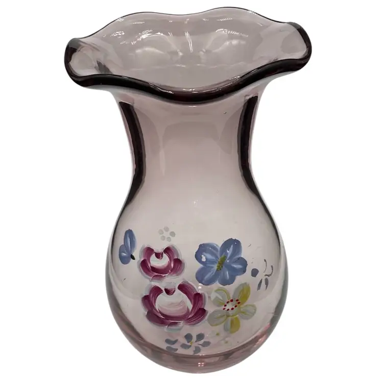 Fenton for Teleflora Ruffled Vase, Amethyst/Purple Scalloped Rim Hand-Painted, 8"