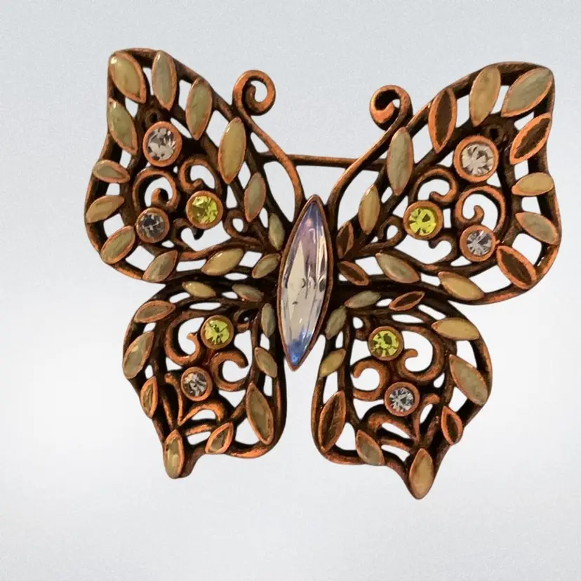 Copper Butterfly Small Round Blue Green Crystals With Enameled Pieces On Wings Center Blue Rhinestone